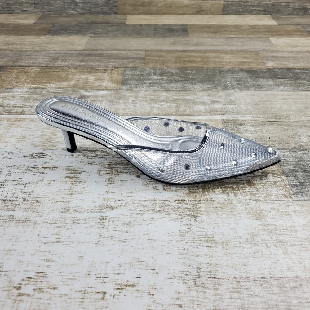 BCBGeneration Dixy Womens Mule Sz 9 M Silver Metallic Rhinestone Embellishments